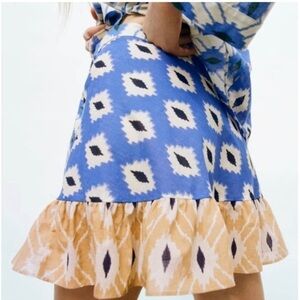 Zara skirt printed Pareo wrap flounce hem abstract blue brown skirt New size S